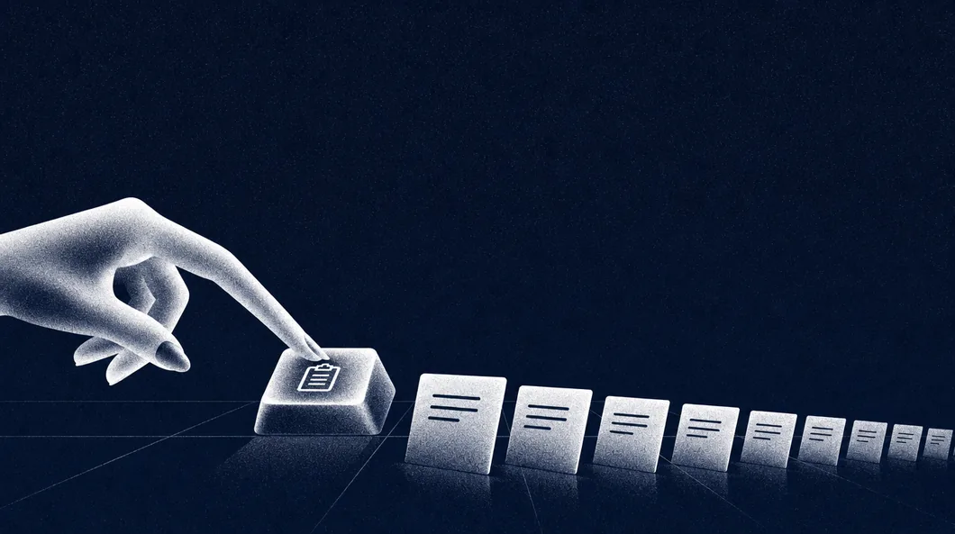 A hand pressing a paste key, sending an endless row of identical text cards into the distance